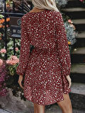 Modavera Kadın Uzun Kollu V Yaka Bağcıklı Belden Gipeli çiçek Baskılı Kısa Süprem Elbise