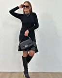 Modavera Kadın Uzun Kollu Bisiklet Yaka üst Viskon Etek Ucu Deri Kısa Elbise