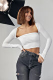 Modavera Kara Yaka Uzun Kollu Crop - Beyaz