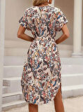 Modavera Kadın Kısa Kollu Bisiklet Yaka çiçek Desenli Kuşaklı Süprem Midi Elbise