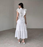 Modavera Beyaz Fırfırlı Düğmeli Elbise