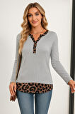 Modavera Kadın Uzun Kollu Yakadan Düğmeli Leopar Detaylı Kaşkorse Bluz