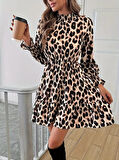 Modavera Kadın Uzun Kollu Yarı Balıkçı Yaka Leopar Desenli Modal Mini Elbise