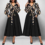 Modavera Kadın Uzun Kollu Kruvaze Yaka Dalgıç Krep Midi Boy Elbise