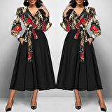 Modavera Kadın Uzun Kollu Kruvaze Yaka Dalgıç Krep Midi Boy Elbise