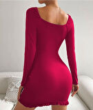 Modavera Kadın Uzun Kollu Derin V Yaka Göğüs Altı Dekolte Detay Etek Ucu Fırfırlı Sandy Mini Boy Elbise