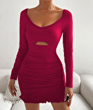 Modavera Kadın Uzun Kollu Derin V Yaka Göğüs Altı Dekolte Detay Etek Ucu Fırfırlı Sandy Mini Boy Elbise