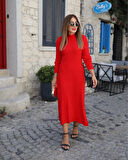 Modavera Kadın Uzun Kollu Yarı Balıkçı Yaka Arkadan Pencere Detaylı Bağcıklı Midi Triko Elbise