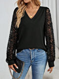 Modavera Kadın Uzun Kollu V Yakalı Dantelli Viskon Iki Iplik Bluz