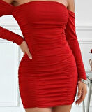 Modavera Kadın Uzun Kollu Omuzlardan Açık Takma Kollu Büzgülü Sandy Kısa Elbise