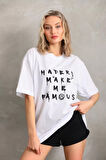 Modavera Unisex Baskılı Oversize T-Shirt - Beyaz