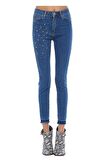 Mavi Açık Denim İncili Yıldız Nakışlı Kadın Pantolon