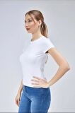 Beyaz Fitted/vücuda Oturan Crop T-shirt