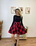 Kadın Uzun Kollu Bisiklet Yaka üst Viskon Alt Ekose Kısa Elbise