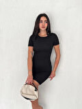 Bisiklet Yaka Kısa Kol Likralı Elbise - Siyah