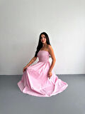 Straplez Pileli Elbise - Pembe
