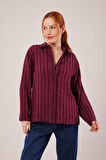 Düğmeli Ve Çizgi Detaylı Bordo Gömlek