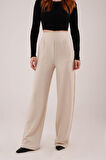 Yüksek Bel Bol Paça Krep Krem Pantolon