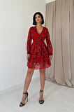 Kırmızı Kat Kat Şifon Elbise
