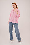 Yarasa Kol Çizgili Cep Detaylı Pembe Gömlek
