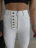 DÜĞME VE FERMUARLI KOT PANTOLON - Beyaz