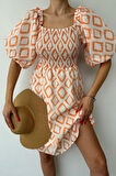 Oranj Kare Desenli Yazlık Elbise