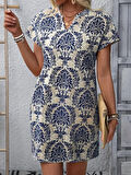 Kadın Kısa Kollu çentik Yaka çiçek Desenli Keten Elbise