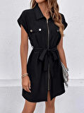 Kadın Kısa Kollu Yakalı önden Fermuarlı Cepli Belden Kuşaklı Kısa Ithal Krep Elbise