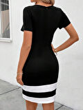 Kadın Kısa Kollu Bisiklet Yaka çift Renkli Ithal Krep Elbise