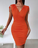 Kadın Kruvaze Yaka Büzgü Ve Zincir Aksesuar Detay Cepli Sandy Mini Elbise