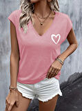 Kadın Kısa Kollu V Yakalı Kalp Baskılı Viskon Bluz