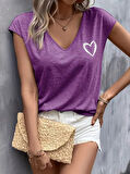 Kadın Kısa Kollu V Yakalı Kalp Baskılı Viskon Bluz