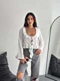 Keten Uzun Kol Bağacık Detaylı Bluz - Beyaz