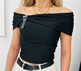 Kadın Madonna Yaka Deri Toka Detay Ottoman Kumaş Bluz