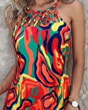 Kadın Omuzlardan Açık çapraz şerit Detaylı Desenli Süprem Elbise