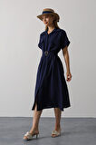 Kuşaklı Cep Detaylı Yarım Kol Elbise - Lacivert