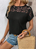Kadın Kısa Kollu Bisiklet Yaka Dantel Detaylı Viskon Bluz