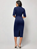 Kadın Kısa Kollu Yakalı Kruvaze Yakalı Beli Kemerli Midi Modal Elbise