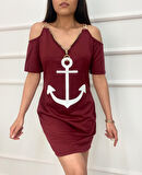 Fermuar Detay çıpa Baskılı Zincir Askılı Iki Iplik Elbise - Bordo