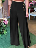 Kadın Yüksek Bel Yan Düğme Detaylı Geniş Paçalı Ithal Krep Pantolon
