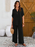 Kadın Kısa Kollu V Hakim Yaka Düğmeli Bürümcük Bluz Ve Pantolon Ikili Takım