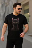 Erkek Bisiklet Yaka Kedi Baskılı Süprem T-shirt