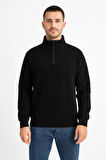 Erkek Dik Yaka Sweatshirt Dik Yaka Yarım Fermuarlı 3 İplik Şardonlu Pamuk Kumaş - Siyah