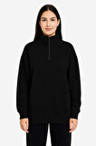 Üç İplik Dık Yaka Yarım Fermuarlı SweatShirt - Siyah