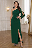 Tek Omuz Açık Derin Yırtmaçlı Krep Tam Boy Elbise
