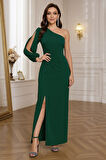Tek Omuz Açık Derin Yırtmaçlı Krep Tam Boy Elbise