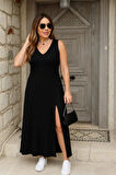 Kadın Askılı V Yakalı Yırtmaçlı Viskon Elbise