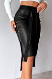 Kadın Yüksek Bel Kuşaklı Yanlardan Düğmeli Mini Deri Etek