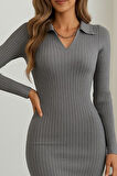Kadın Uzun Kollu Yakalı Triko Elbise