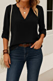 Kadın Uzun Kollu V Yakalı Ithal Krep Bluz